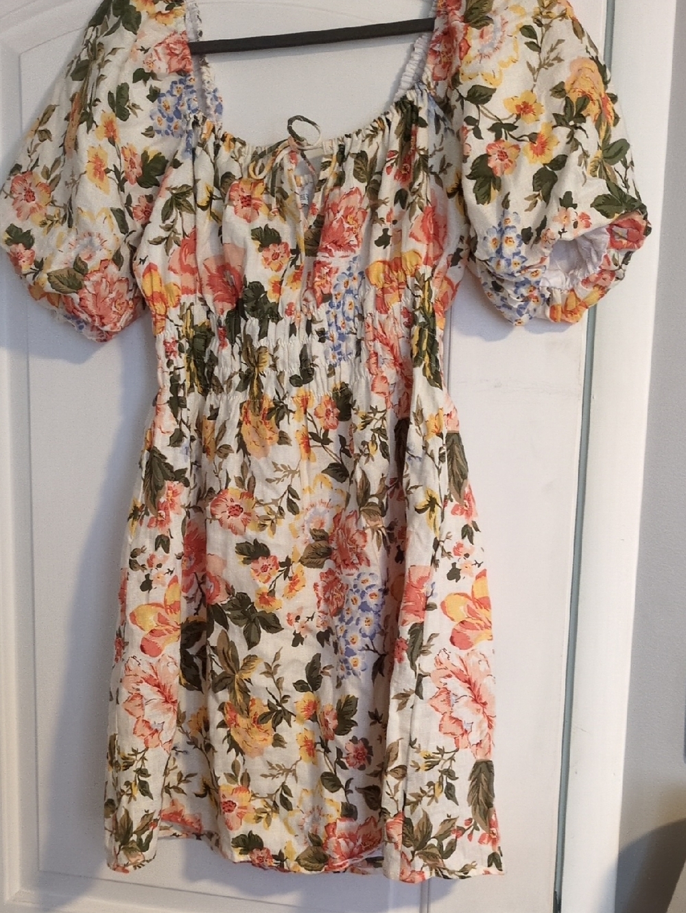 Floral Puff-Sleeve Smocked Mini Dress - White with Pink & Yellow Blooms